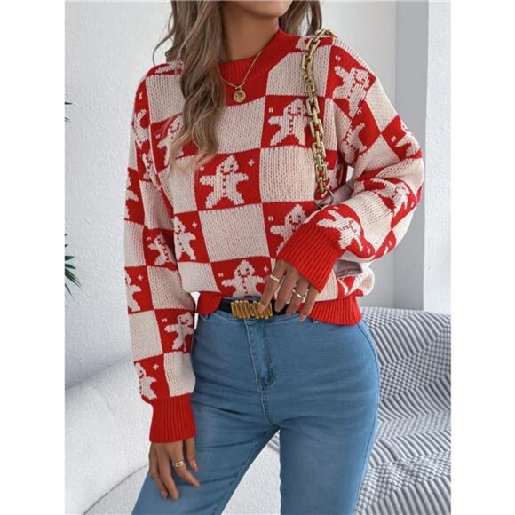 Christmas Checkerboard Gingerbread Round Neck Sweater - Picture 11 of 11